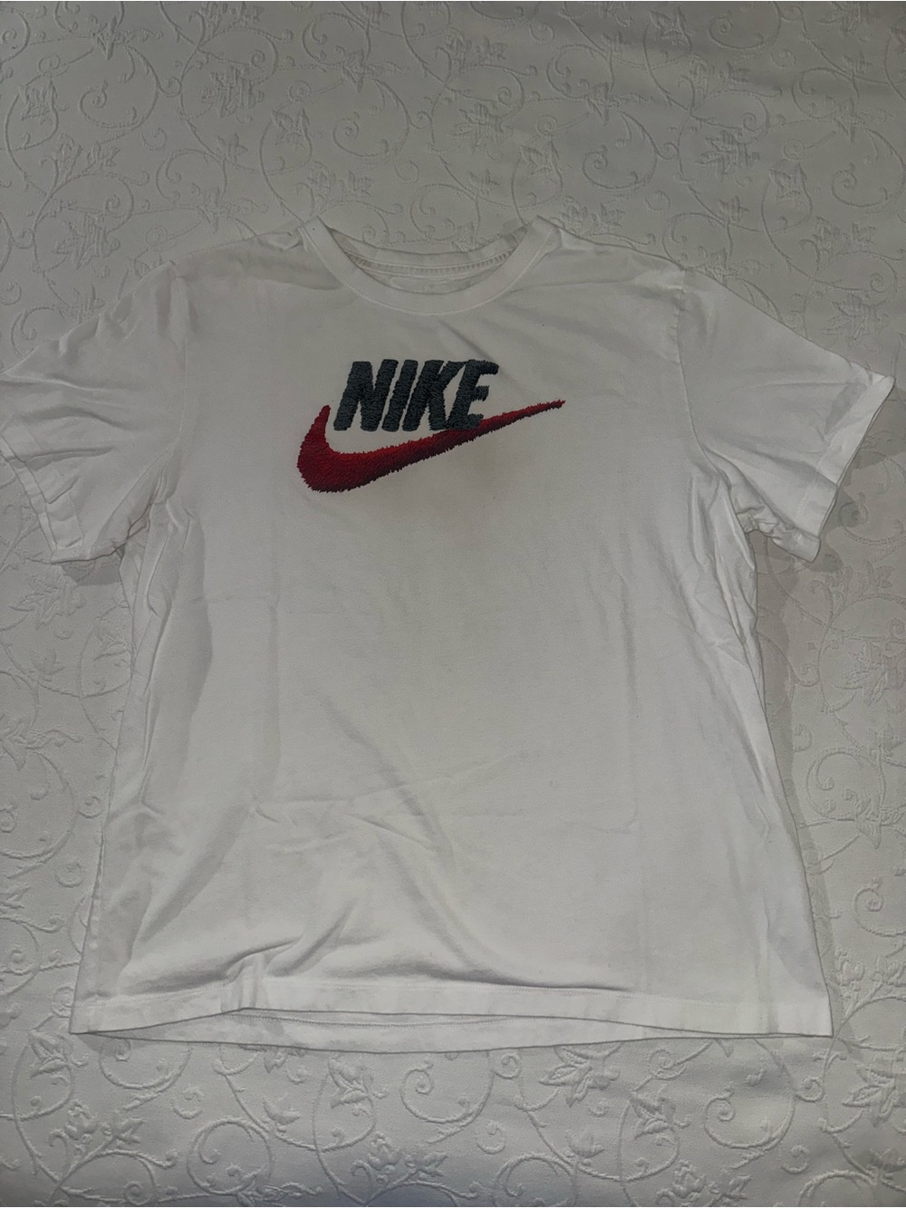 Nike White Short Sleeve Tee with Red Swoosh and Black Logo